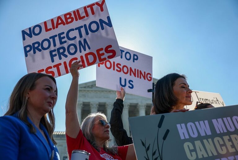 WASHINGTON, DC - APRIL 27: "The People vs the Poison" protesters gather at the US Supreme Court on April 27, 2026 in Washington, DC. The Supreme Court is set to hear arguments this morning in a case that could lead to the dismissal of tens of thousands of lawsuits against Bayer, the pharmaceutical and biotech giant, that claim the weedkiller Roundup, made by Monsanto, caused non-Hodgkin lymphoma. (Photo by Tasos Katopodis/Getty Images) (Tasos Katopodis/Getty Images)