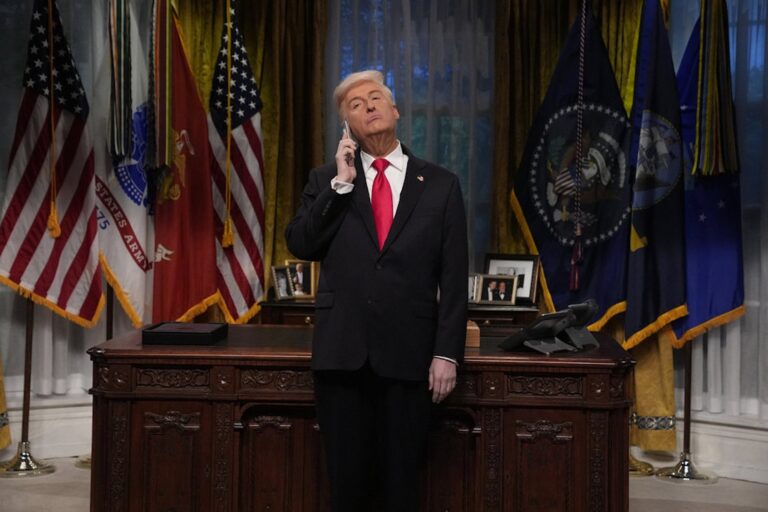 James Austin Johnson as Donald Trump during the “Trump Making Calls” cold open on Saturday, April 11, 2026. (Photo by Lloyd Bishop/NBC)