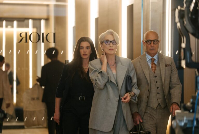 Anne Hathaway as Andy Sachs, Meryl Streep as Miranda Priestly and Stanley Tucci as Nigel Kipling in "The Devil Wears Prada 2" (Macall Polay/20th Century Studios)