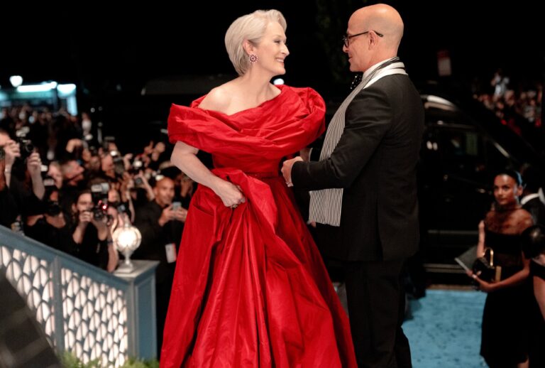 Meryl Streep as Miranda Priestly and Stanley Tucci as Nigel Kipling in "The Devil Wears Prada 2" (Macall Polay/20th Century Studios)