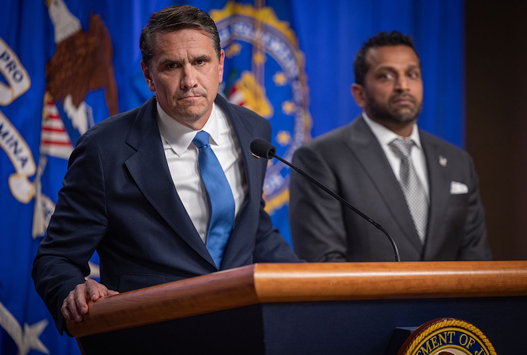 Acting Attorney General Todd Blanche and FBI Directer Kash Patel announce an indictment against the Southern Poverty Law Center (Nathan Posner/Anadolu via Getty Images)