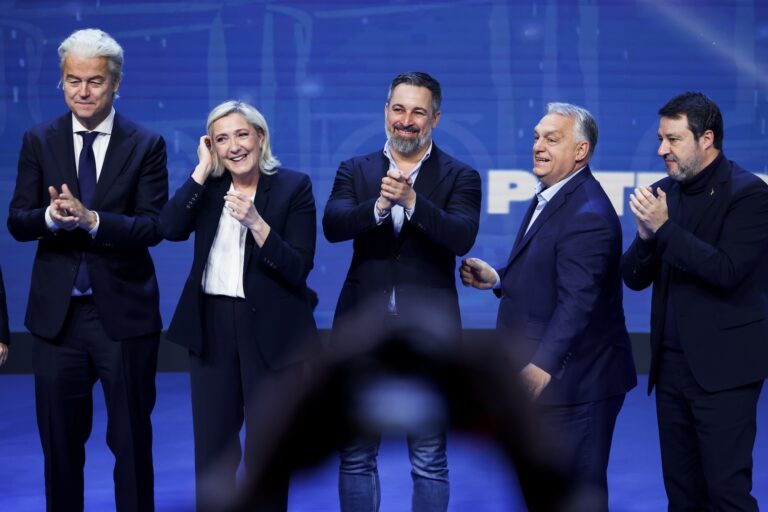 From left, Geert Wilders of the Dutch Freedom Party, Marine Le Pen of the French party National Rally, Santiago Abascal of the Spanish party VOX, Hungarian Prime Minister Viktor Orbán and Italian Deputy Prime Minister Matteo Salvini at the "Make Europe Great Again" rally in Madrid, Feb. 8, 2025. (Pablo Blazquez Dominguez/Getty Images)
