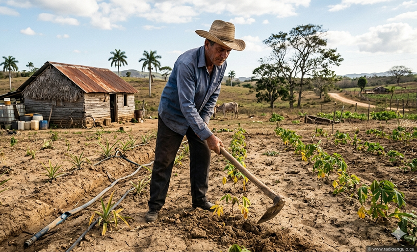 A Cuban farmer tills his field by hand, March 2026. (Radio Angulo)