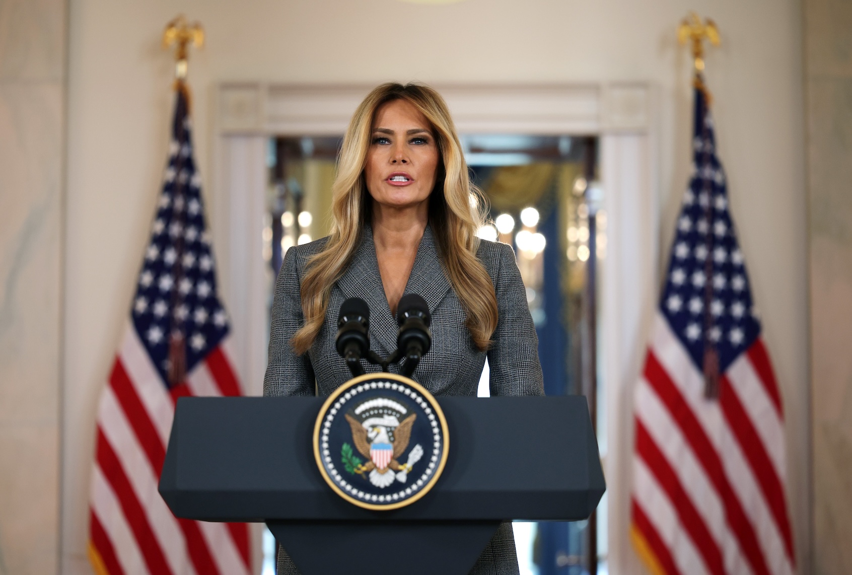 First lady Melania Trump delivers a statement at the Grand Foyer of the White House on April 9, 2026 in Washington, DC. The first lady made a public statement to deny any ties to Jeffrey Epstein. (Photo by Alex Wong/Getty Images)