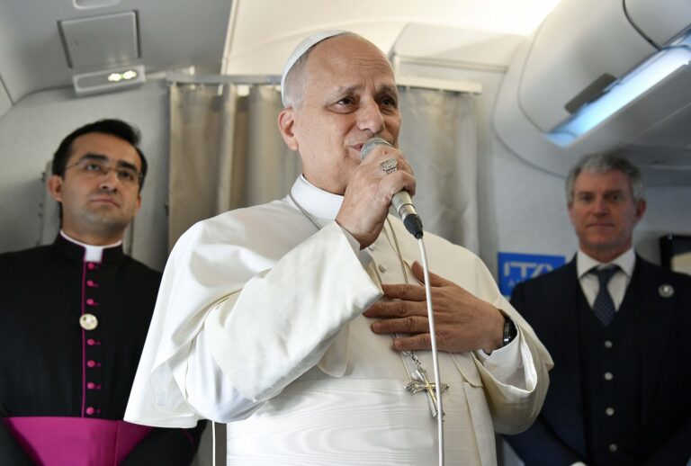 Pope Leo XIV responds to questions regarding US President Donald Trump's recent statements during the flight to Algeria on April 13, 2026 in Algiers, Algeria. (Photo by Matteo Pernaselci - Vatican Media via Vatican Pool/Getty Images)