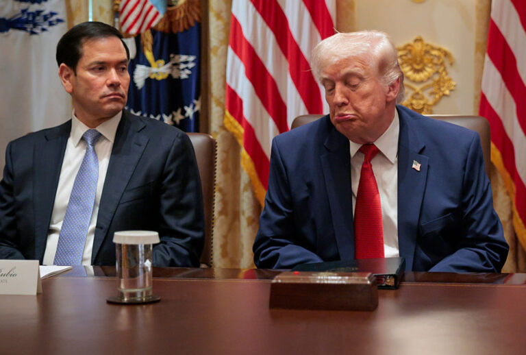U.S. President Donald Trump reacts as Secretary of State Marco Rubio looks on during a Cabinet meeting, the first since U.S. and Israeli strikes on Iran began. (Chip Somodevilla/Getty Images)