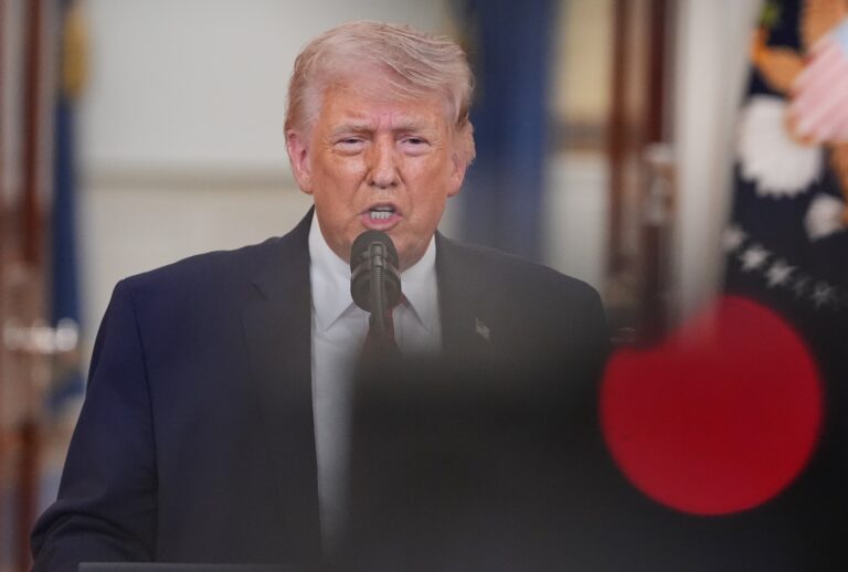 President Donald Trump speaks about the Iran war from the Cross Hall of the White House on Wednesday, April 1, 2026, in Washington. (AP Photo/Alex Brandon, Pool via Getty Images)