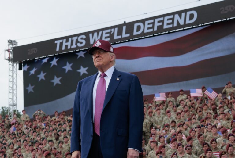 President Donald Trump takes the stage during a rally with U.S. Army troops on June 10, 2025 at Fort Bragg, North Carolina. (Photo by Anna Moneymaker/Getty Images)