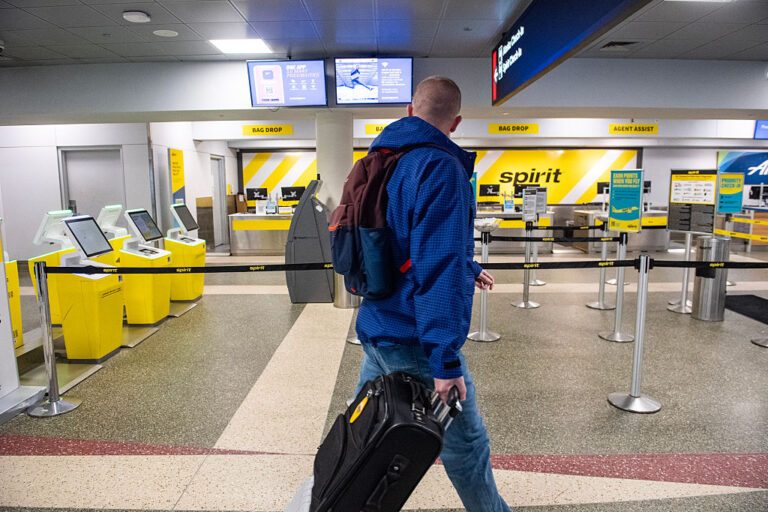 The bag drop and customer service counters at the departures terminal for Spirit airlines sit empty as operations ceased for the company at Logan Airport in Boston. Low-cost US carrier Spirit Airlines said on Saturday that all of its flights have been cancelled as it started an "orderly wind-down of operations," citing spiking fuel prices in recent weeks as a key factor. (Photo by Joseph Prezioso / Getty Images)