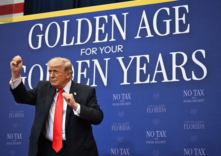 President Trump spoke at The Villages Friday on Social Security and economic plans. (Roberto Schmidt / Getty Images)