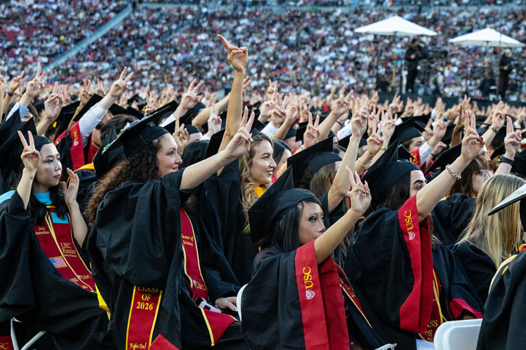 It's graduation season. Students across the country (like these students at USC) celebrate their achievements and listen to words of inspiration by noteworthy speakers. Sometimes, the speakers aren't exactly "inspirational." (Jason Armond / Getty Images)