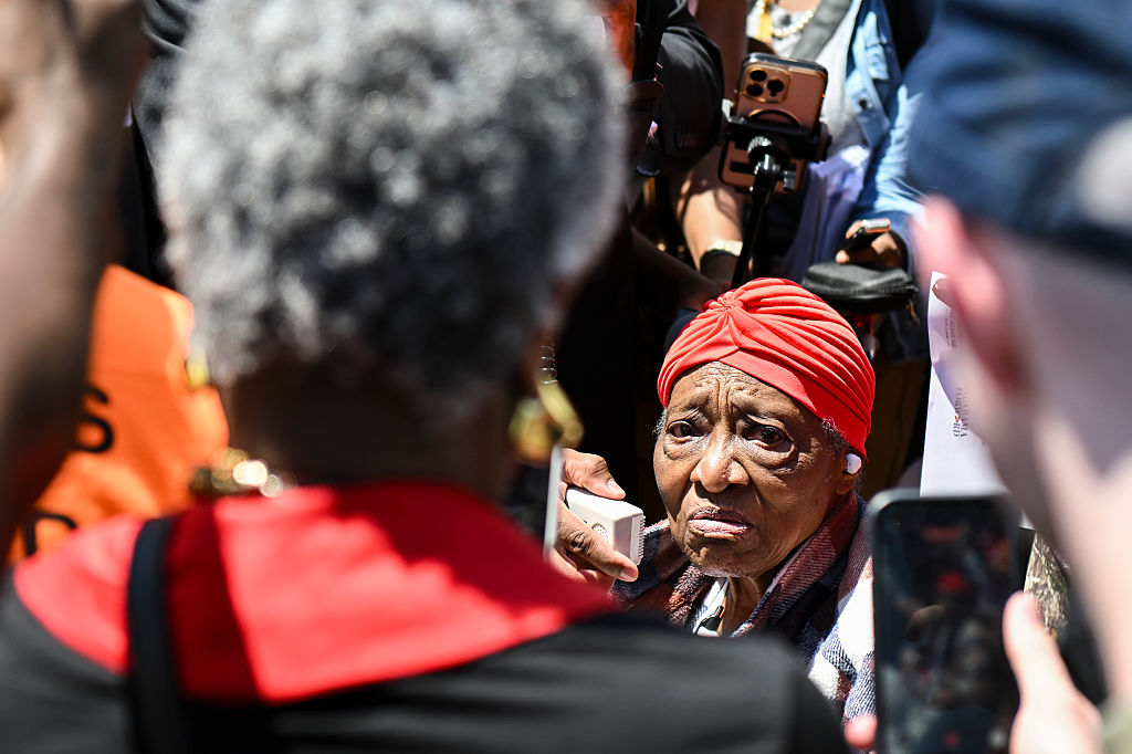 Long-time civil rights icon and fighter Annie Pearl Avery visited protesters after the march across Edmund Pettus Bridge in Selma, in May 2026. She crossed the bridge with MLK, John Lewis and many others in the historic march on "Bloody Sunday" 61 years ago. (Jason Davis / Getty Images)