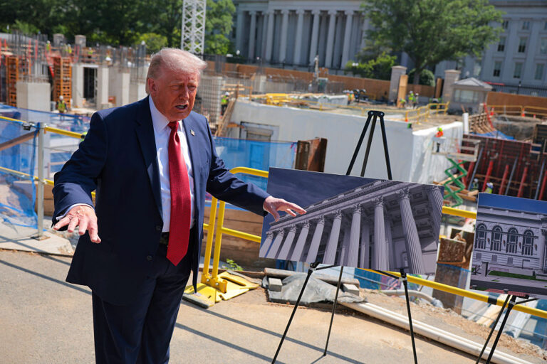 President Trump continues to use his plans for an ultra-secure ballroom to create a fortress-like White House complex in light of recent incidents of security breaches and threats. (Chip Somodevilla / Getty Images)