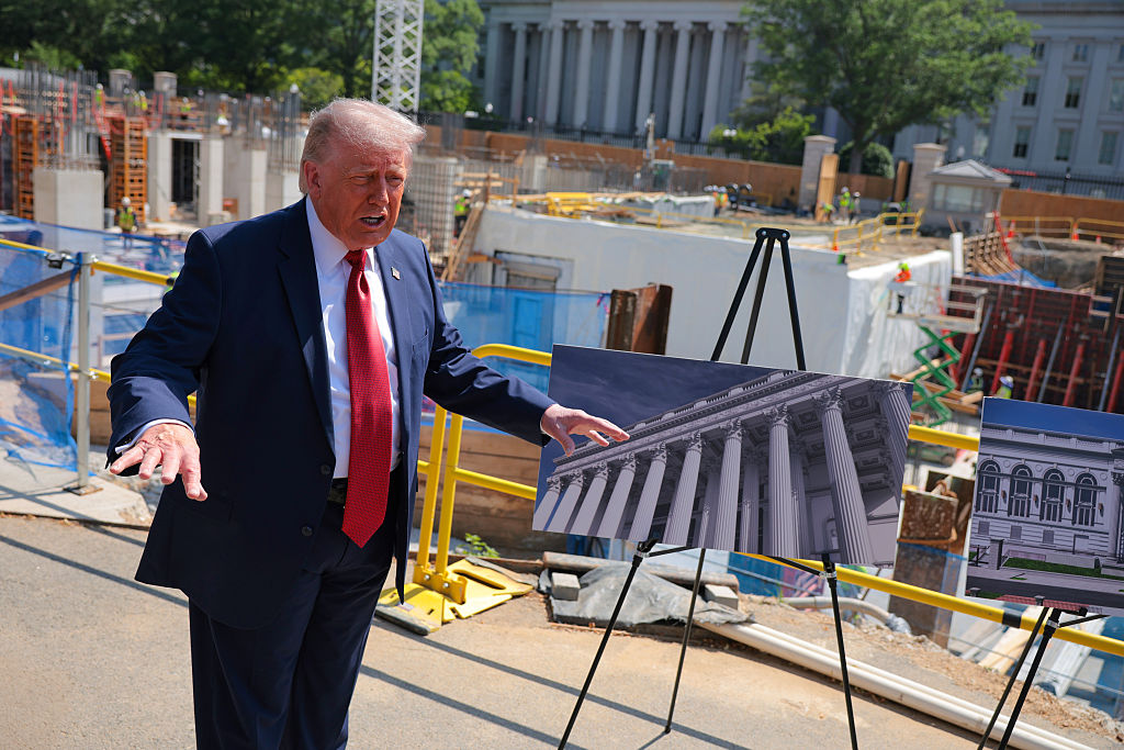 President Trump continues to use his plans for an ultra-secure ballroom to create a fortress-like White House complex in light of recent incidents of security breaches and threats. (Chip Somodevilla / Getty Images)
