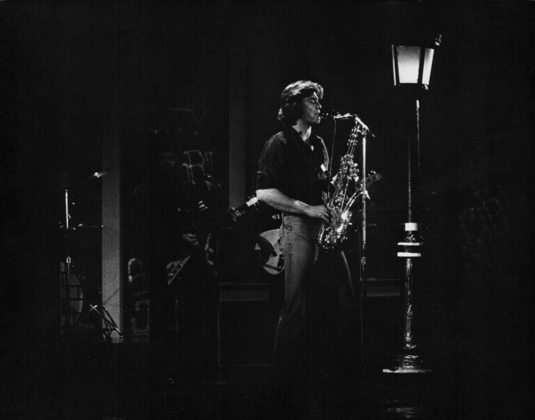 Actor Greg Evigan playing the saxophone, in a scene from the television show 'Pink Lady', March 1980. (Frank Edwards/Archive Photos/Getty Images)