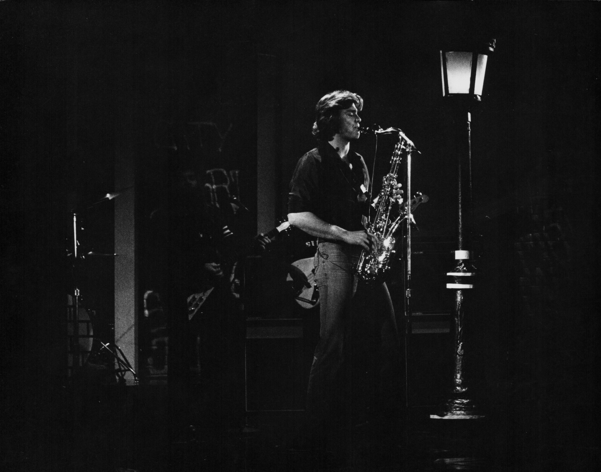 Actor Greg Evigan playing the saxophone, in a scene from the television show 'Pink Lady', March 1980. (Frank Edwards/Archive Photos/Getty Images)