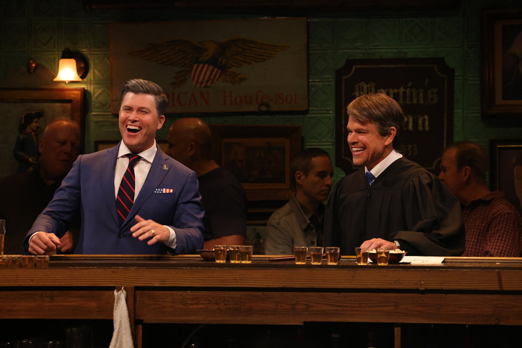Colin Jost as Pete Hegseth and Matt Damon as Brett Kavanaugh during the “Kavanaugh Hegseth Patel” Cold Open on Saturday, May 9, 2026. (Photo by Caro Scarimbolo/NBC)