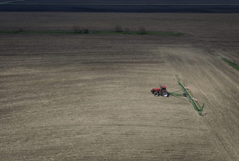 An aerial view shows Alan Montag, a third-generation Iowa farmer, planting soybeans on farmland he leases on May 06, 2026 near West Bend, Iowa. As the spring planting season moves into full swing, farmers are facing big spikes in fuel and fertilizers costs overs last spring due to the war with Iran. (Photo by Scott Olson/Getty Images)