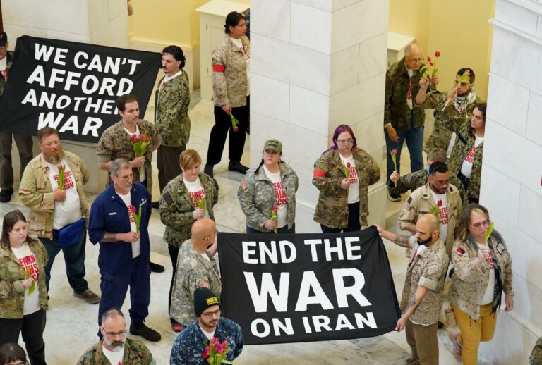 Veterans, military family members, and supporters occupy the Cannon House Office Building on Capitol Hill calling upon the Trump administration to end the war on Iran on April 20, 2026 in Washington, DC. (Photo by Leigh Vogel/Getty Images for About Face: Veterans Against The War)