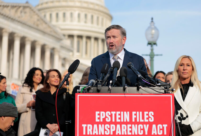 U.S. Rep. Thomas Massie (R-KY) speaks alongside former U.S. Rep. Marjorie Taylor Greene (R-GA) (R) during a news conference on the Epstein Files Transparency Act. (Heather Diehl / Getty Images)