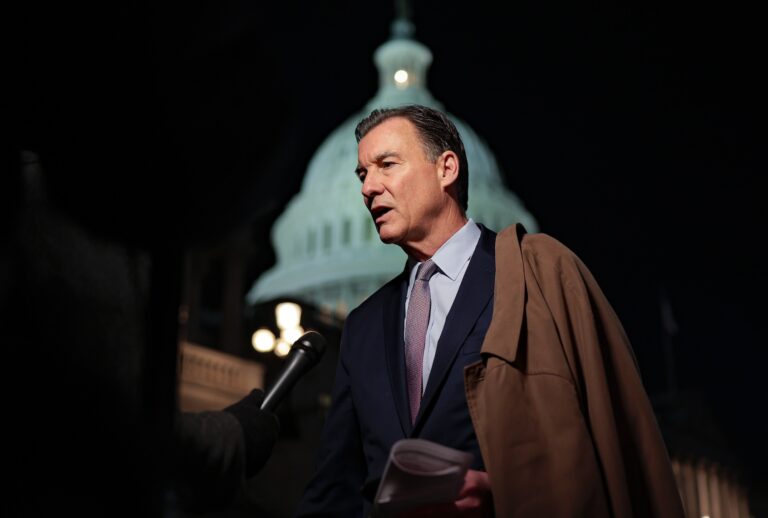 Rep. Tom Suozzi (D-NY) speaks with members of the media outside the U.S. Capitol on December 17, 2025 in Washington, DC. (Photo by Heather Diehl/Getty Images)