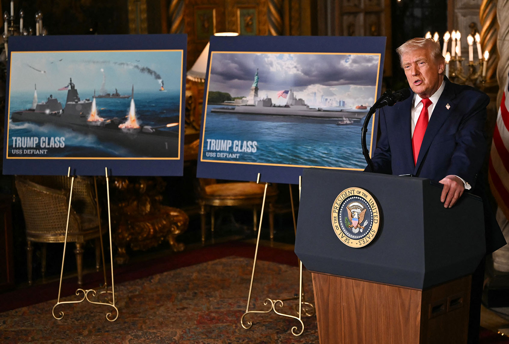 US President Donald Trump announces the US Navy's new Golden Fleet initiative, unveiling a new class of warships, at Mar-a-Lago in Palm Beach, Florida, on December 22, 2025. (ANDREW CABALLERO-REYNOLDS / AFP via Getty Images)