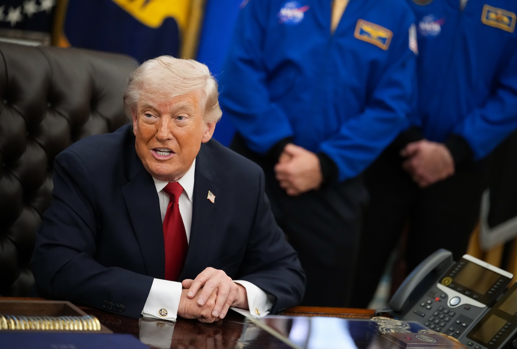 President Donald Trump speaks during an event with the Artemis II astronauts in the Oval Office of the White House on April 29, 2026 in Washington, DC. (Photo by Andrew Harnik/Getty Images)