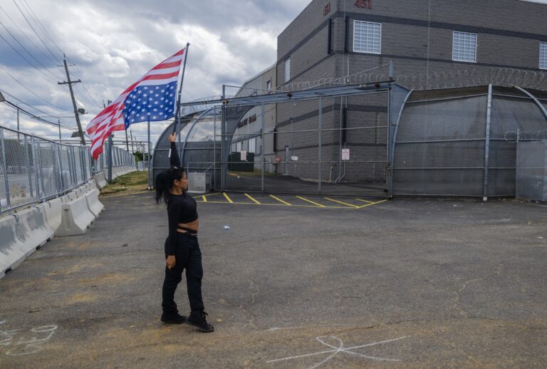 Activists continue to protest outside of the Delaney Hall Detention Facility, and clash with ICE agents, June 21, 2026 in Newark, New Jersey. (Photo by Andrew Lichtenstein/Corbis via Getty Images)