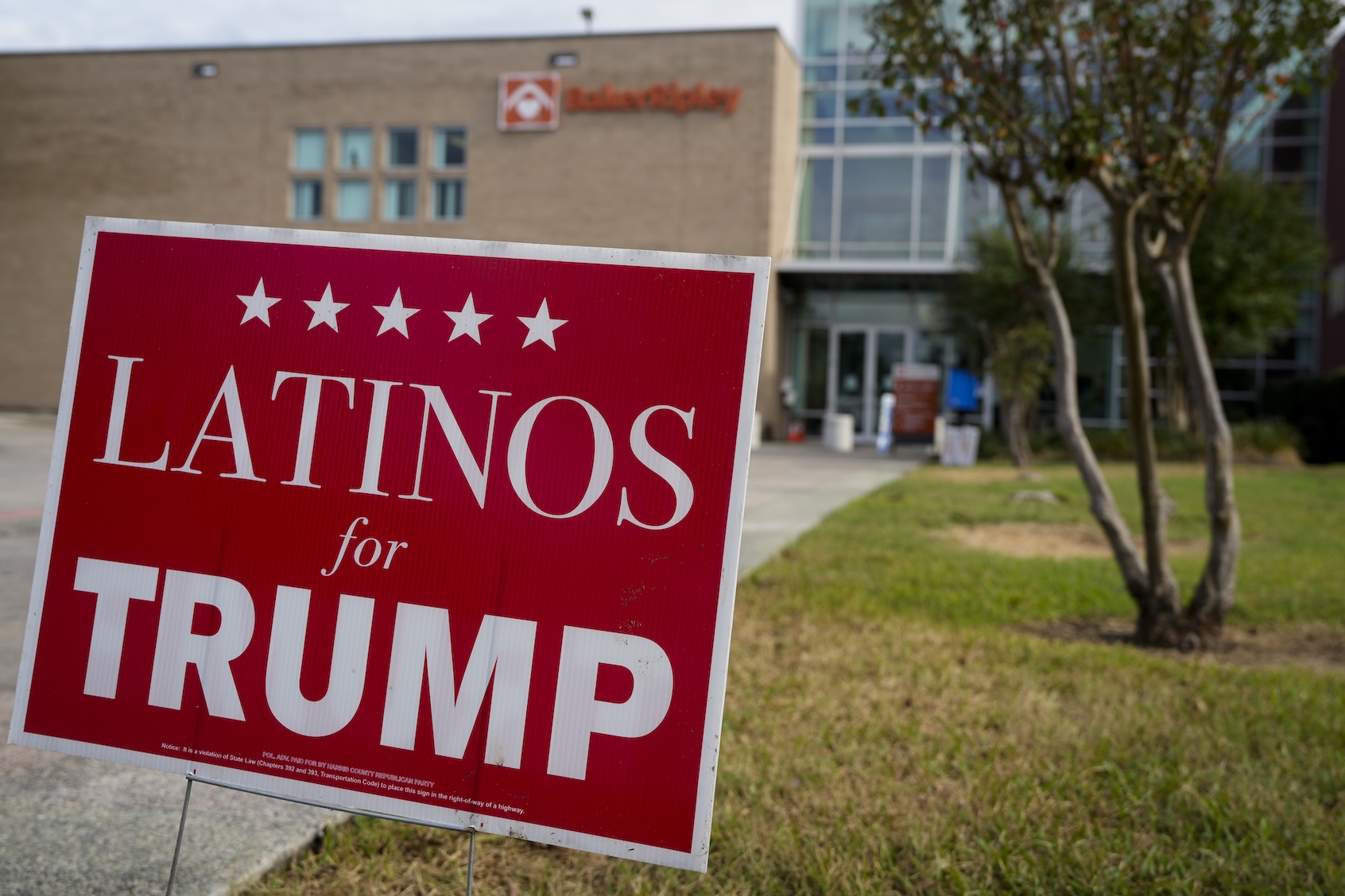 Latinos for Trump campaign sign is photographed on Election Day Tuesday, Nov. 5, 2024 at BakerRipley Ripley House in Houston. (Yi-Chin Lee/Houston Chronicle via Getty Images)