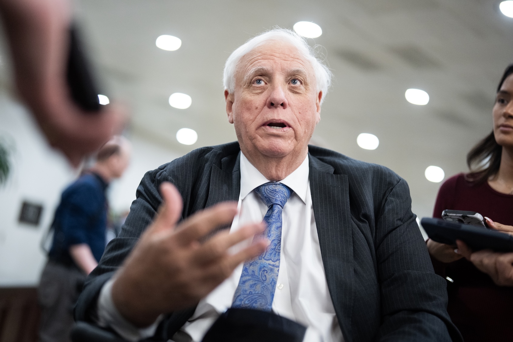 Sen. Jim Justice, R-W.Va., talks with reporters in the U.S. Capitol after a vote on Thursday, March 12, 2026. (Tom Williams/CQ-Roll Call, Inc via Getty Images)