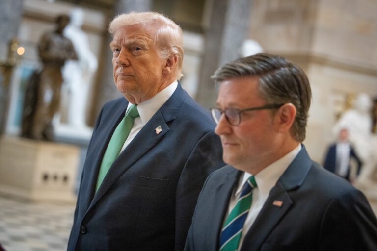 President Donald Trump and Speaker of the House Mike Johnson (R-LA) depart a Friends of Ireland luncheon at the U.S. Capitol in Washington, DC on March 17, 2026. (Photo by Nathan Posner/Anadolu via Getty Images)