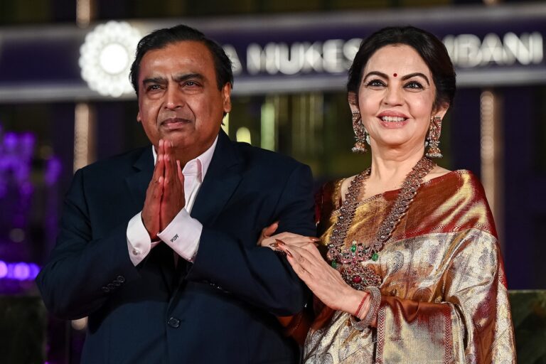 Reliance Industries Chairman and Managing Director and billionaire business tycoon Mukesh Ambani (L), along with his wife, Reliance Foundation Founder and Chairperson Nita Ambani, attend celebrations marking the third anniversary of The Nita Mukesh Ambani Cultural Centre in Mumbai on April 3, 2026. (Photo by Sujit JAISWAL/Getty Images)