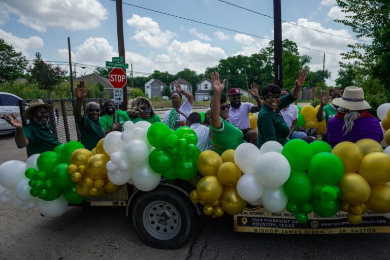 Participants ride a parade float during the 2026 Juneteenth Parade in Houston, June 13, 2026. (Raquel Natalicchio/Houston Chronicle via Getty Images)