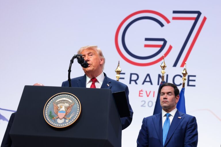 Donald Trump speaks at a press conference as Secretary of State Marco Rubio looks on during the G7 Leaders' Summit, June 17, 2026 in Evian-les-Bains, France. (Anna Moneymaker/Getty Images)