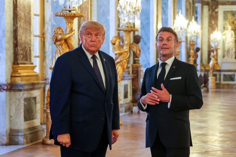 Donald Trump receives a tour of the Château de Versailles from President Emmanuel Macron, June 17, 2026. (Anna Moneymaker/Getty Images)