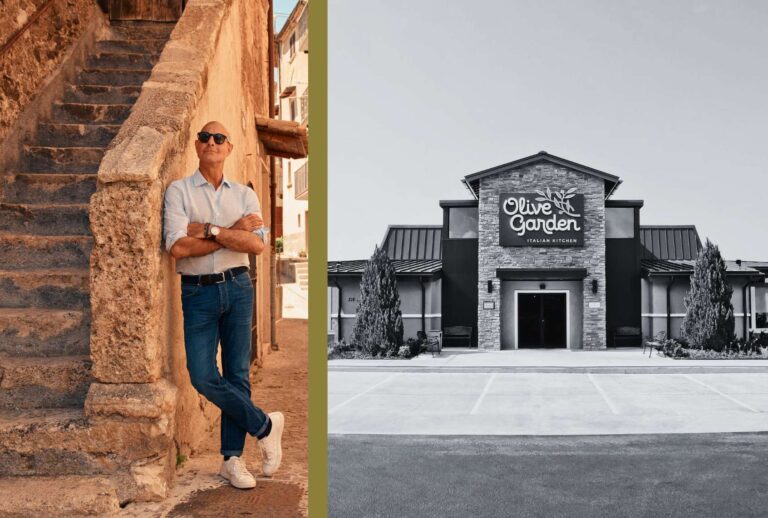 Stanley Tucci, host of National Geographic's "Stanley Tucci: Searching for Italy" (left); an Olive Garden restaurant exterior (right). (Illustration by Salon / Courtesy National Geographic / Matt Holyoak / Darden Concepts, Inc)