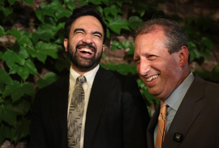 Democratic Congressional candidate Brad Lander stands with New York City Mayor Zohran Mamdani after winning the 10th District Democratic primary on June 23, 2026, in the Brooklyn borough of New York City. Lander defeated incumbent Dan Goldman. (Photo by Spencer Platt/Getty Images)