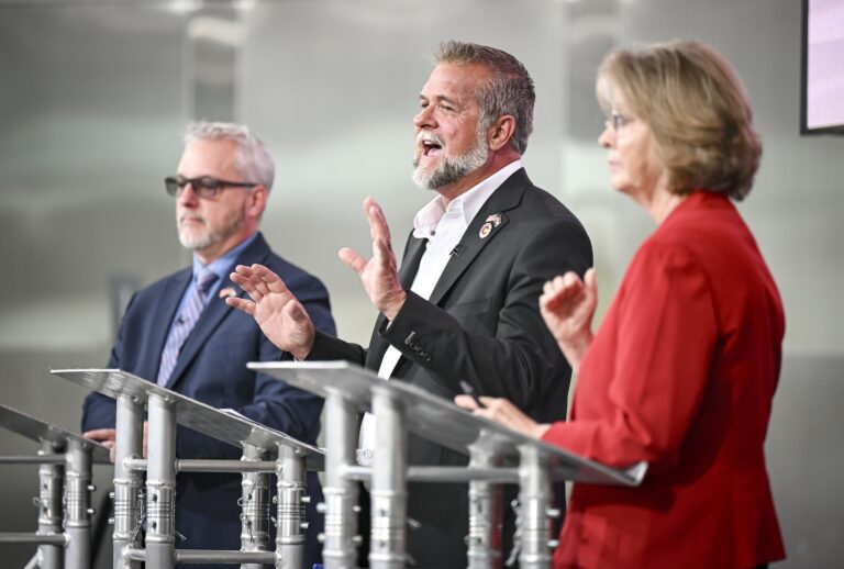 From left, state Rep. Scott Bottoms, Victor Marx and state Sen. Barbara Kirkmeyer during a GOP gubernatorial debate at the Cable Center in Denver, June 2, 2026. (Aaron Ontiveroz/The Denver Post via Getty Images)