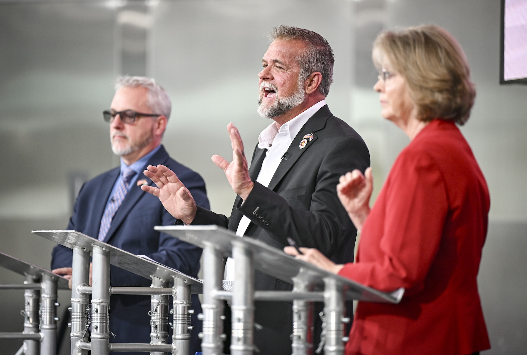 From left to right State Rep. Scott Bottoms, Victor Marx and state Sen. Barbara Kirkmeyer square off during a GOP gubernatorial debate at the Cable Center on the Campus of the University of Denver in Denver, Colorado on Tuesday, June 2, 2026. (Photo by AAron Ontiveroz/The Denver Post via Getty Images)
