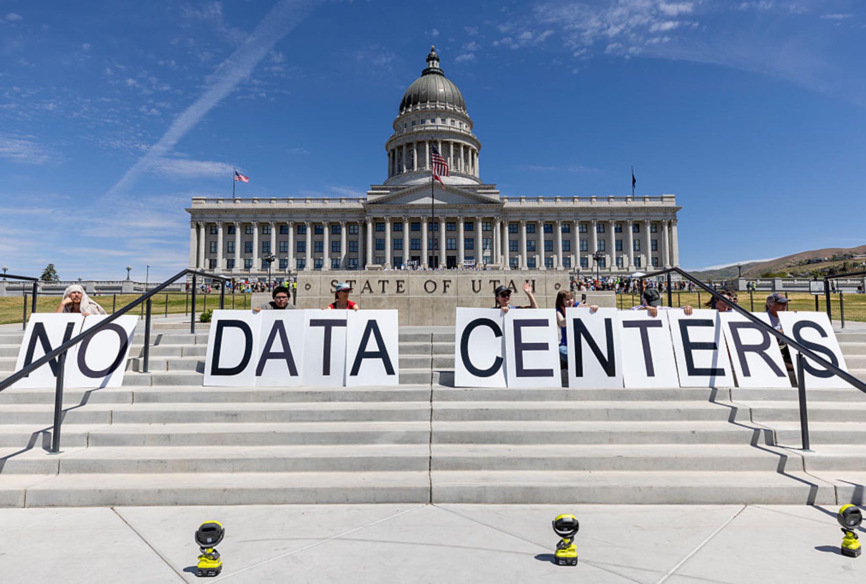 Demonstrators take part in a protest at the Utah State Capitol to oppose the construction of the Stratos data center in Box Elder County on May 23, 2026 in Salt Lake City, Utah. (Natalie Behring / Getty Images)