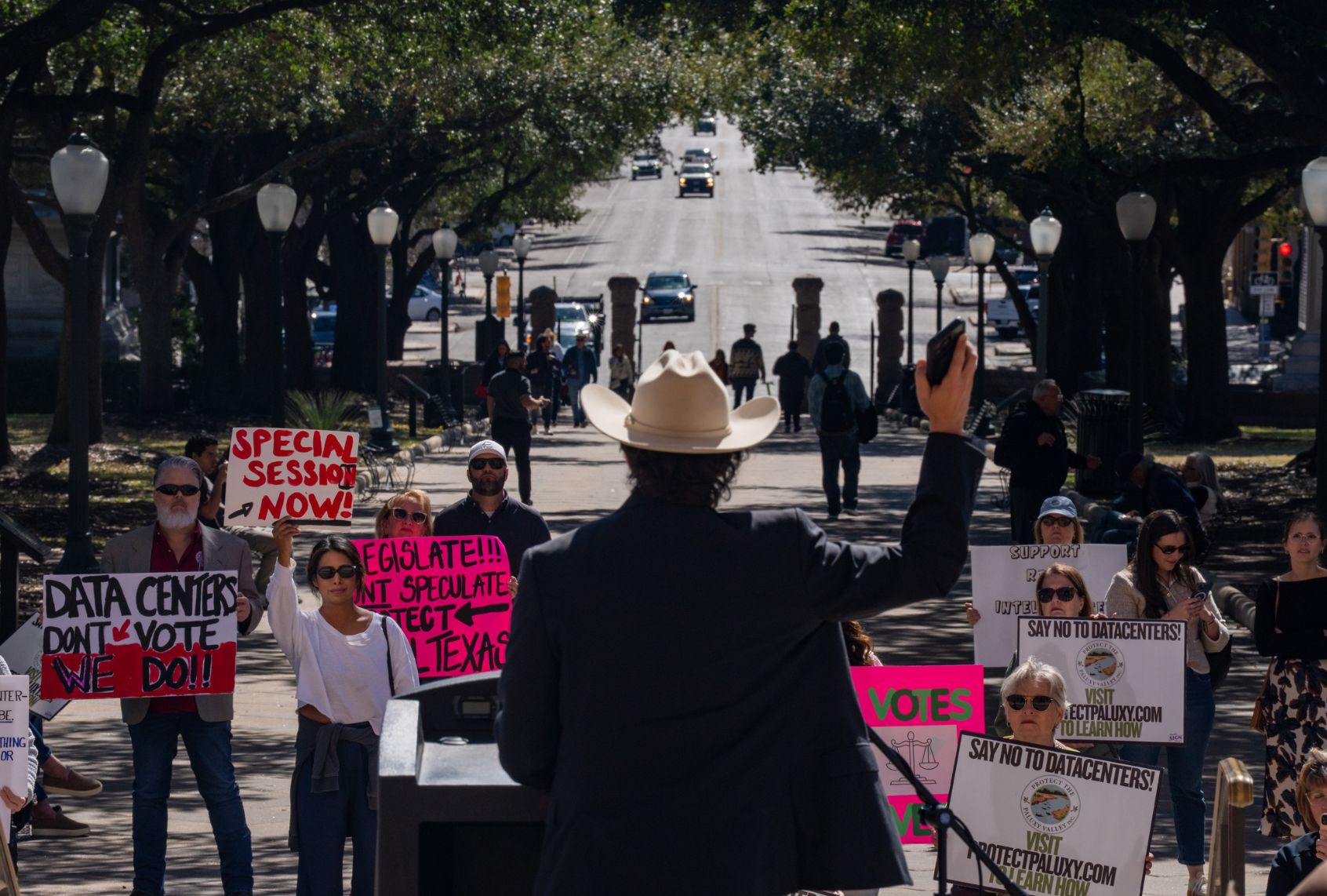 Advocacy groups and community members protest laws surrounding data centers while outside the Texas Capitol in Austin Monday, Feb. 23, 2026. Protestors are advocating for counties to gain legal authority to regulate data center development or enact a statewide pause until protections are in place. (Mikala Compton/The Austin American-Statesman via Getty Images)