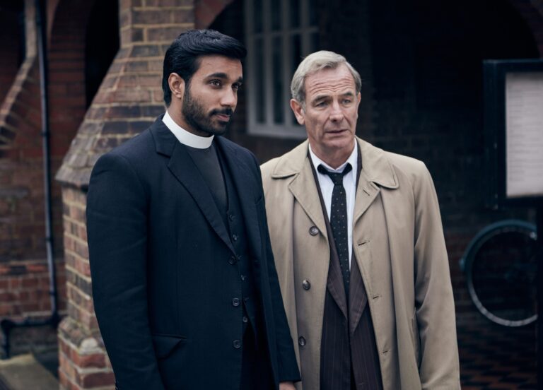 Alphy Kottaram (Rishi Nair), Geordie Keating (Robson Green) in "Grantchester." (Courtesy of Kudos, ITV, and MASTERPIECE.)