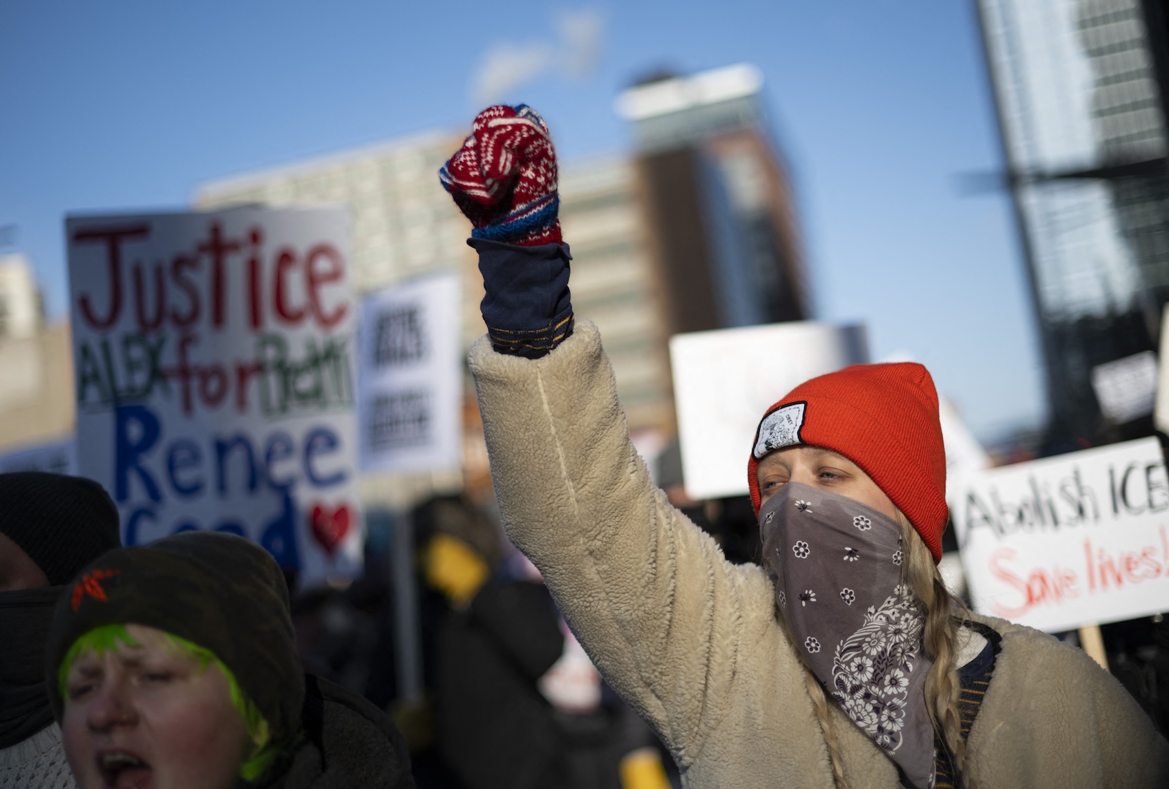 Protesters against Immigration and Customs Enforcement march through the streets of downtown Minneapolis, Minnesota, on January 25, 2026. (Photo by ROBERTO SCHMIDT / AFP via Getty Images)