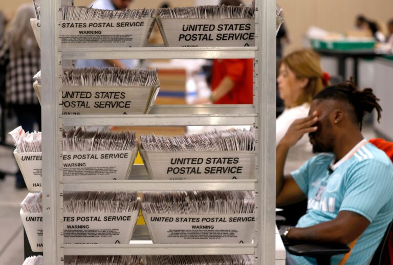 Election workers process ballots at the Los Angeles County Ballot Processing Center on June 05, 2026. (Justin Sullivan/Getty Images)