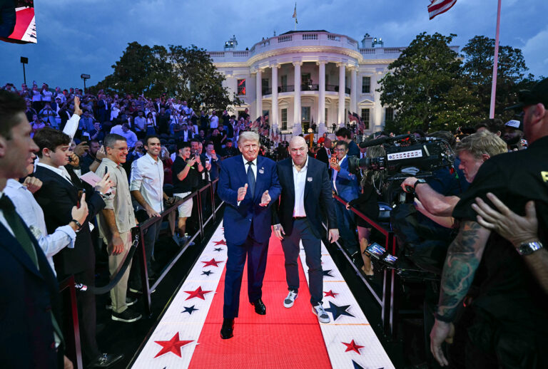 President Donald Trump and UFC CEO Dana White arrive for the "UFC Freedom 250" mixed martial arts event on the South Lawn of the White House in Washington, DC, June 14, 2026. (Kent NISHIMURA / AFP via Getty Images)
