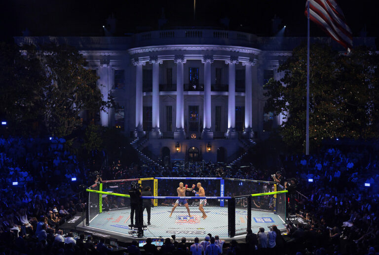 Ciryl Gane and Alex Pereira face off in a heavyweight interim title bout during UFC Freedom 250 on the South Lawn of the White House on June 14, 2026 in Washington, DC. (Chip Somodevilla / Getty Images)