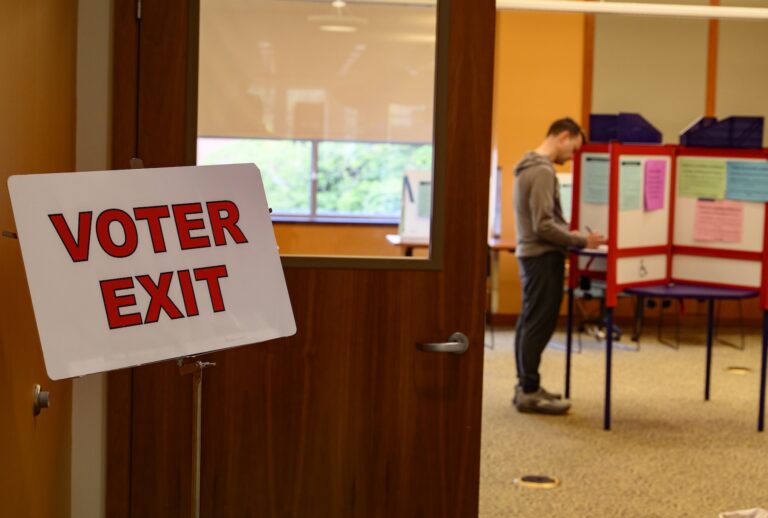 A voter casts his ballot at the Kent Free Library during the Ohio primaries on May 5, 2026 in Kent, Ohio. (Photo by Jeff Swensen/Getty Images)