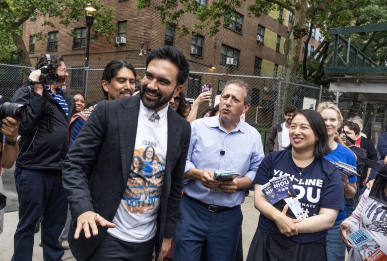 On election morning, New York City Mayor Zohran Mamdani joins former New York City Comptroller Brad Lander as he campaigns for Congress outside of an election polling center, June 23, 2026 in the Lower East Side neighborhood of New York City. (Photo by Andrew Lichtenstein/Corbis via Getty Images)