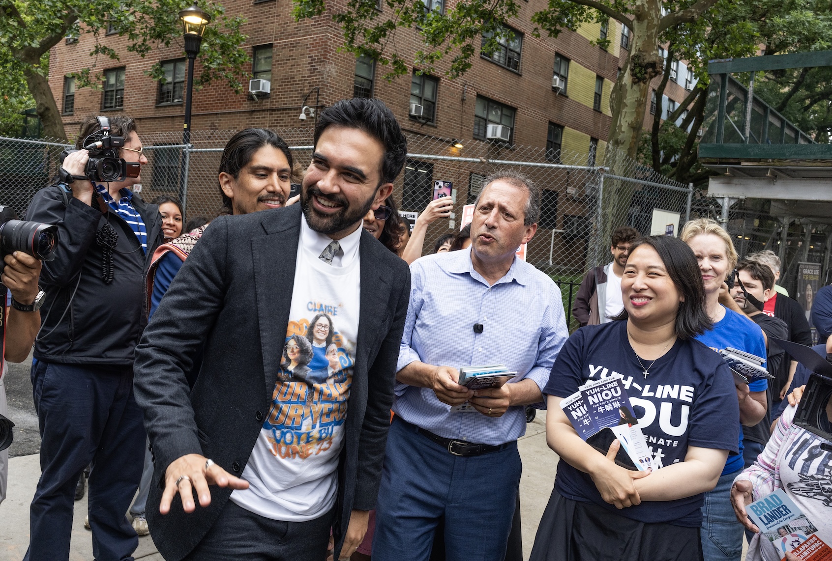 On election morning, New York City Mayor Zohran Mamdani joins former New York City Comptroller Brad Lander as he campaigns for Congress outside of an election polling center, June 23, 2026 in the Lower East Side neighborhood of New York City. (Photo by Andrew Lichtenstein/Corbis via Getty Images)