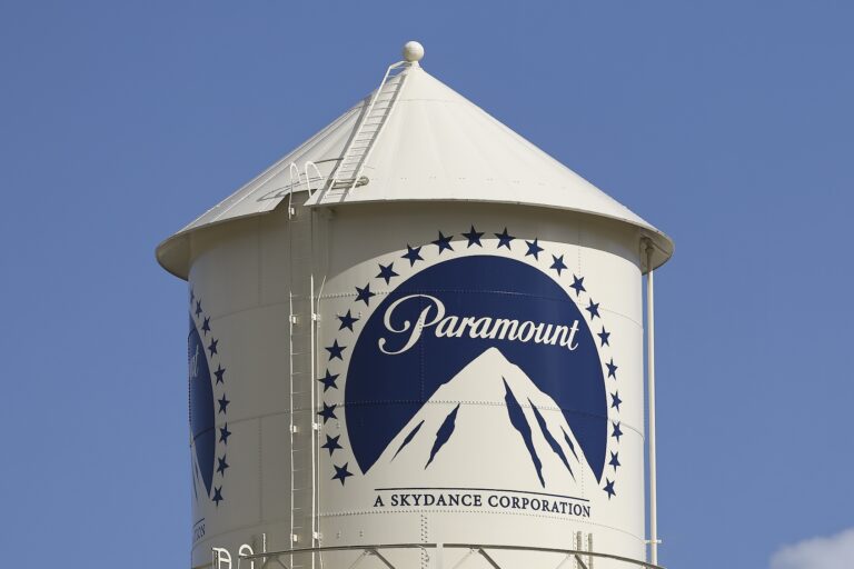 The Paramount Pictures logo is displayed on the water tower in Los Angeles, California, on February 17, 2026. Paramount Skydance attempts a hostile takeover bid of Warner Bros. (Photo by Michael Yanow/Nur/Photo via Getty Images)